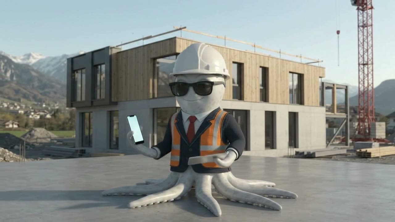 Mascotte Octyzen, chef de chantier en gilet orange et casque, devant un bâtiment en construction
