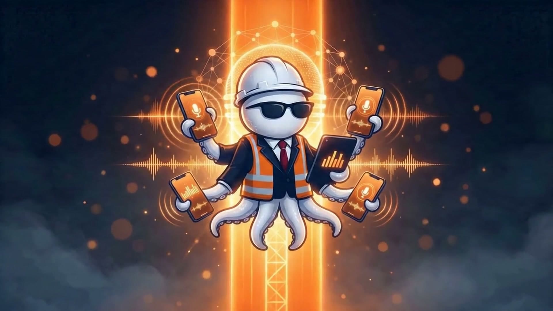 Mascotte Octyzen, chef de chantier, gérant plusieurs appels et tableaux de bord en simultané